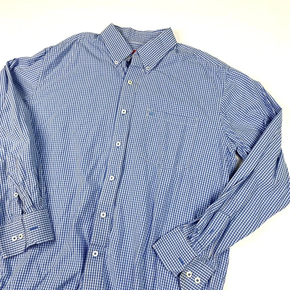 IZOD Shirt Men Large Button‎ Front Blue Gingham Check 100% Cotton